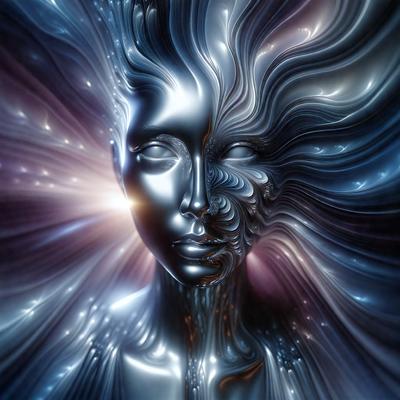 The primary subject of the image is a close-up of a woman's face, with her eyes and mouth visible. The setting is a futuristic, digital art-like environment, featuring a blue background and a patterned surface. The visual style is a combination of photo and digital art, creating a unique and intriguing image. The colors and mood are predominantly blue, with a sense of depth and complexity.